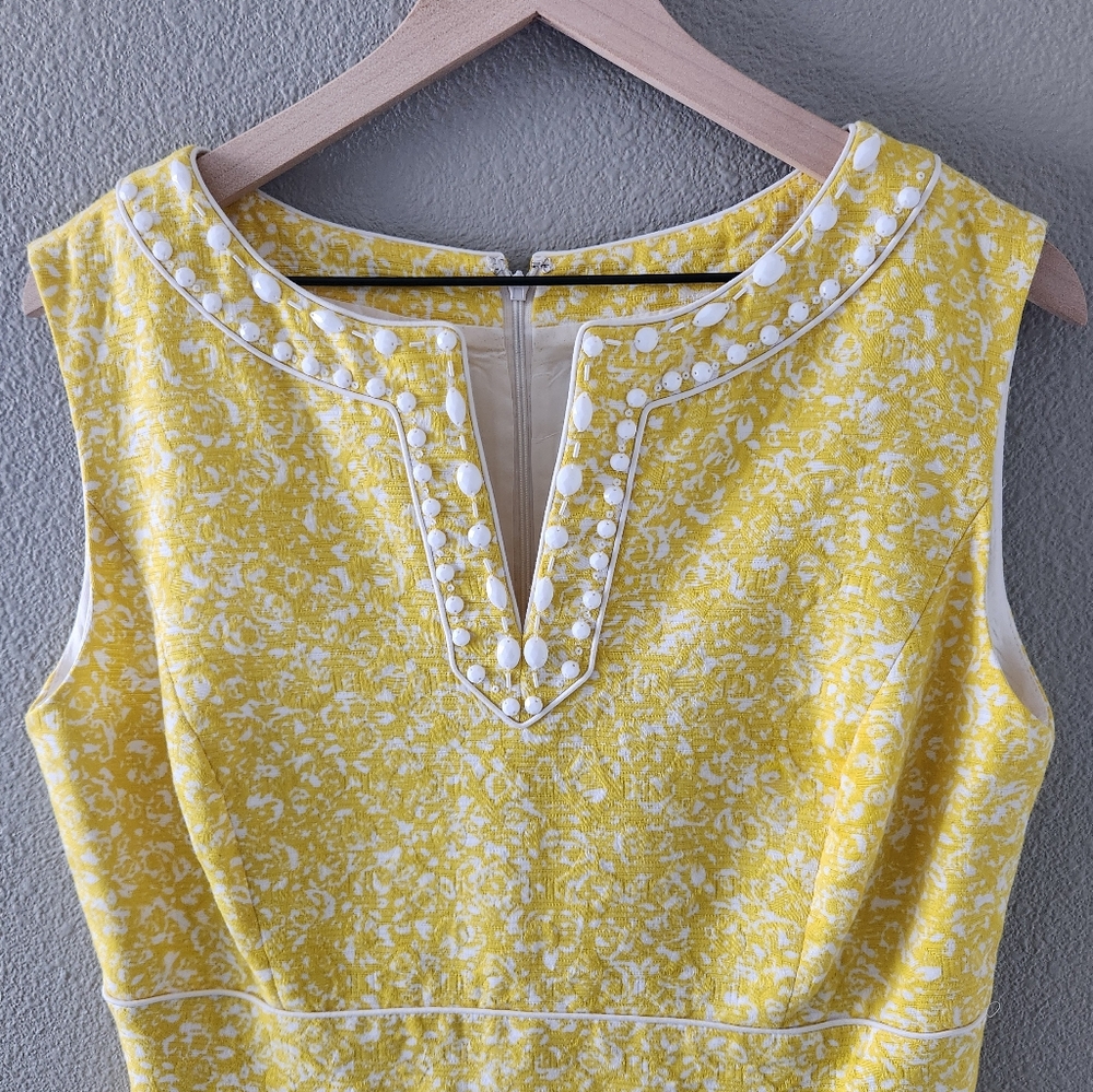 Tahari ASL Dress Size 14 Yellow Mod Embellished Beads Sleeveless Summer Work - Picture 2 of 11